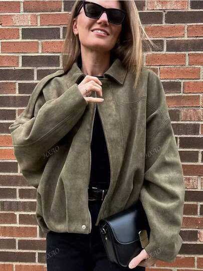 معطف بومبر نسائي معطف ربيعي فضفاض بأكمام طويلة وسحاب، جاكيت نسائي جديد بطبعات قديمة، خارجي أخضر