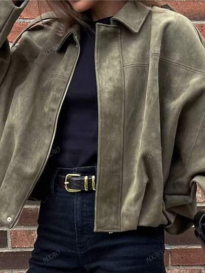 معطف بومبر نسائي معطف ربيعي فضفاض بأكمام طويلة وسحاب، جاكيت نسائي جديد بطبعات قديمة، خارجي أخضر