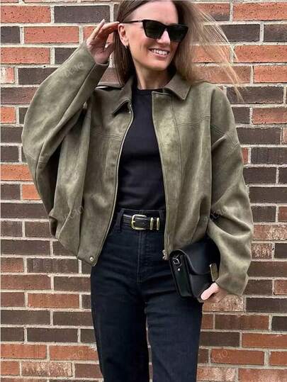 معطف بومبر نسائي معطف ربيعي فضفاض بأكمام طويلة وسحاب، جاكيت نسائي جديد بطبعات قديمة، خارجي أخضر