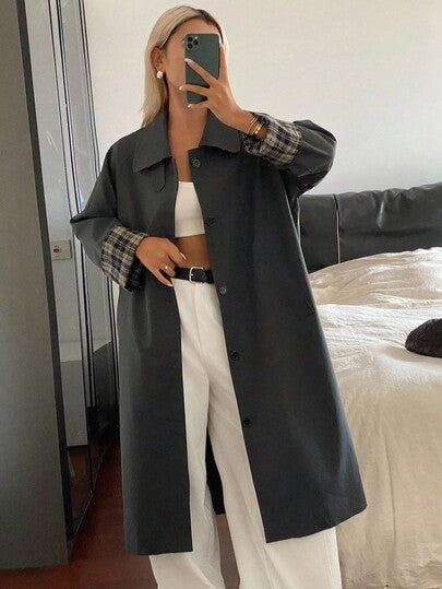 DAZY معطف كاجوال طويل الأكمام بياقة منحرفة وأساور للنساء في فصلي الخريف والشتاء، بتصميم مربعات ملائم للشارع