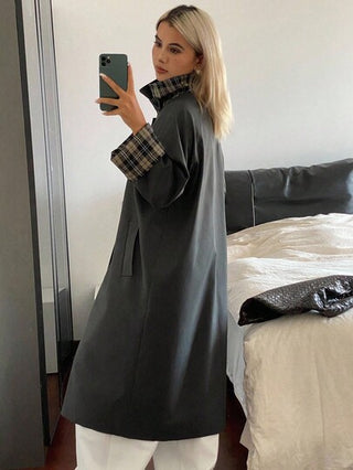 DAZY معطف كاجوال طويل الأكمام بياقة منحرفة وأساور للنساء في فصلي الخريف والشتاء، بتصميم مربعات ملائم للشارع