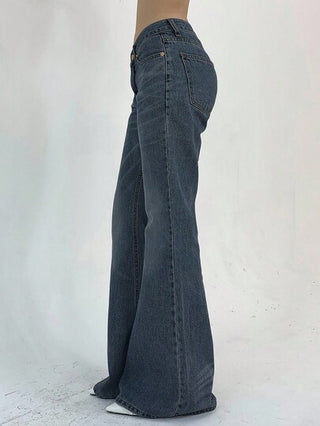 DAZY بنطلون جينز ناقوسي أحادي اللون للنساء مع جيوب