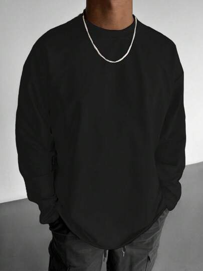 قميص تي أساسي طويل الأكمام مريح بقصة واسعة