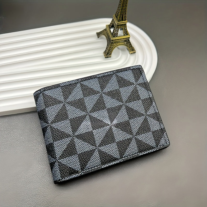 محفظة رجالية نحيفة بتصميم هندسي - جيوب بسحاب، خيارات باللونين البني والرمادي، جلد صناعي متين لتخزين العملات والبطاقات اليومية