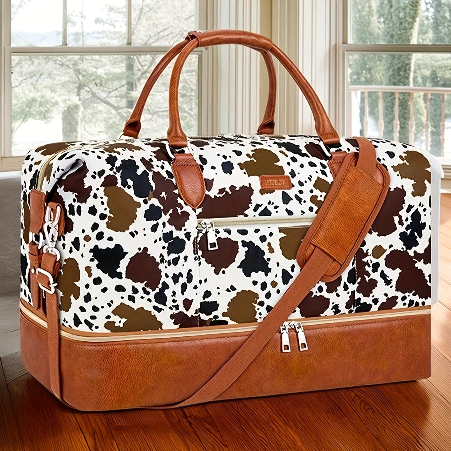 1 قطعة حقيبة سفر نسائية أنيقة بنقشة البقر من قماش أكسفورد مع جيب للأحذية - لون بني فاتح وأسود، مقابض زخرفية، طبقات متينة بزيت، صناعة قوانغتشو للرحلات السبتية، مظهر راقي، تشطيب بحافة الزيت