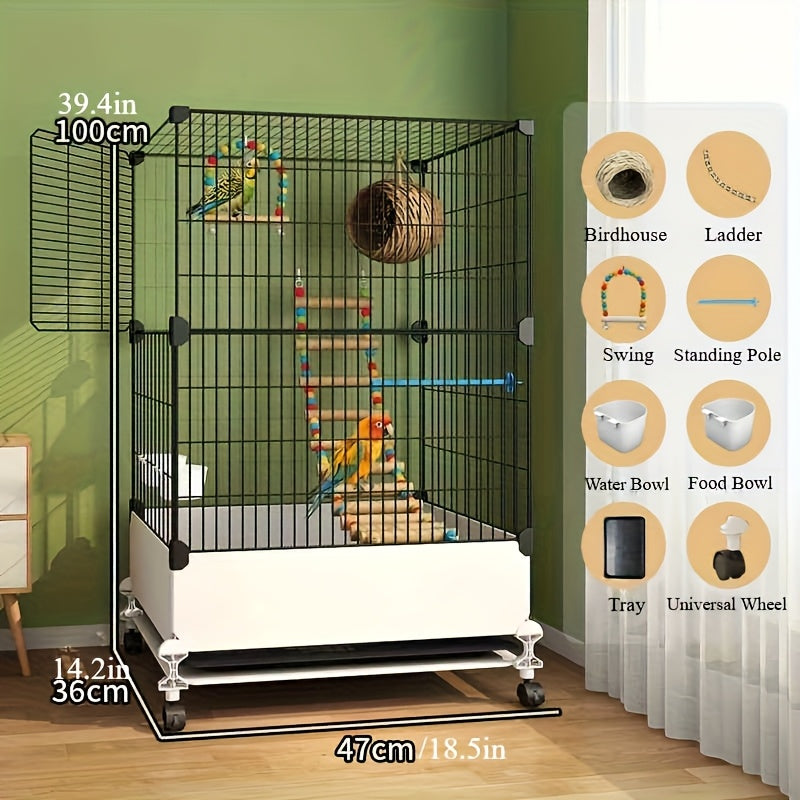 قفص طيور مزدوج الطبقات واسع مع ألواح جانبية مرتفعة لمنع انسكاب الطعام، مناسب للسناجب والببغاوات وطائر الكوكاتو وغيرها من الطيور المحبوبة. يأتي مع قاعدة متحركة بعجلات دوارة، يشمل عشًا وسلم وأرجوحة ووعاء ماء وصحن تغذية وقفص
