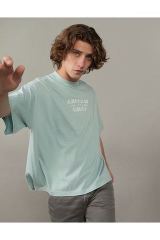 تي شيرت AE كبير الحجم بشعار جرافيك AQUA TURQUOISE U-0181-3902 American Eagle