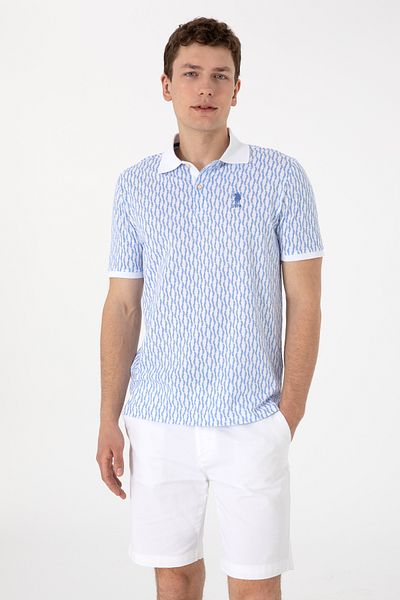 تي شيرت رجالي بقصة عادية وياقة بولو منقوش باللون الأزرق الداكن 50311944-vr032