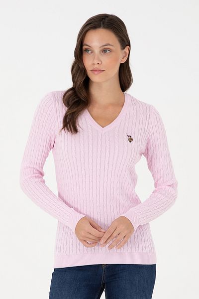 سترة نسائية أساسية باللون الوردي برقبة على شكل حرف V 50288992 -vr041