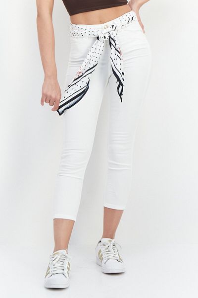 بنطلون جينز نسائي ضيق بخصر مرتفع وقابل للتمدد مع وشاح، أبيض