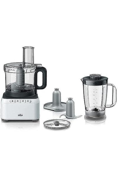 محضرة طعام بيورياز بقوة 800 واط مع وعاء تحضير طعام سعة 2.1 لتر وخلاط سعة 1.2 لتر، أمان مزدوج - FP3131WH BRAUN