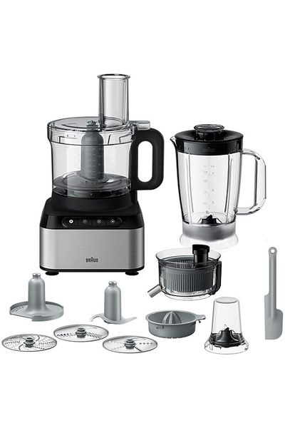 محضر طعام بيورياز 800 واط مع مفرمة 2.1 لتر وخلاط 1.2 لتر، أمان مزدوج، أسود، FP 3235 SI BRAUN