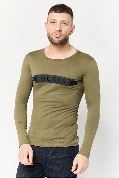 تي شيرت رجالي بشعار العلامة التجارية بأكمام طويلة وياقة دائرية، زيتوني