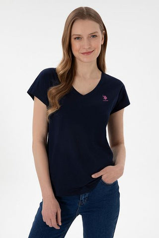تي شيرت نسائي أساسي برقبة على شكل حرف V باللون الأزرق الداكن 50305825 -vr033