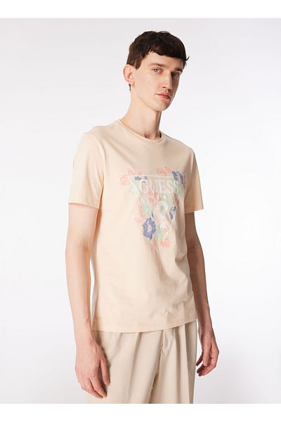 تي شيرت رجالي برتقالي برقبة دائرية - مطبوع، M4GI11I3Z14A61E_SS CN FLOWERS TRIAN