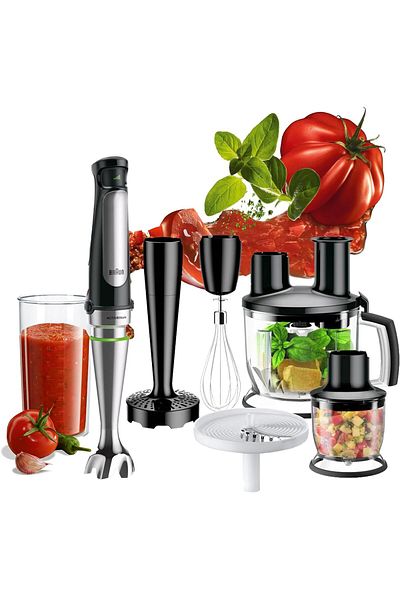 خلاط يدوي ملتي كويك 7، وعاء 1.5 لتر، مفرمة 350 مل، هراسة هريس، شفرة اكتيف بليد - MQ 7087X BRAUN