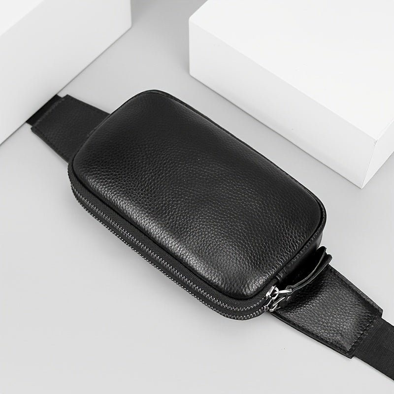حقيبة فاني صغيرة باللون الأسود للرجال - جلد متين، سحاب، حزام قابل للتعديل، حقيبة متعددة الوظائف للجري والرياضة والتنقل اليومي، استخدام يومي | تصميم بسيط | حقيبة حزام قابلة للتعديل