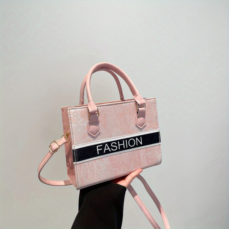 حقيبة توت عصرية للنساء، سعة كبيرة، حقيبة كتف برباط وإغلاق بسحاب، حقيبة يد مبطنة بالبوليستر باللون الأسود، الأبيض، الوردي الساطع