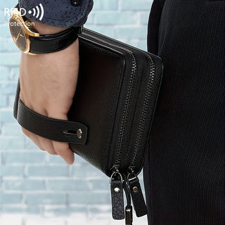 محفظة رجالية بحماية RFID - أنيقة بطبقة مزدوجة من!جلد صناعي مع حزام معصم، سعة كبيرة، سوداء، حامل بطاقات العمل والمنظم، محفظة حامل البطاقات