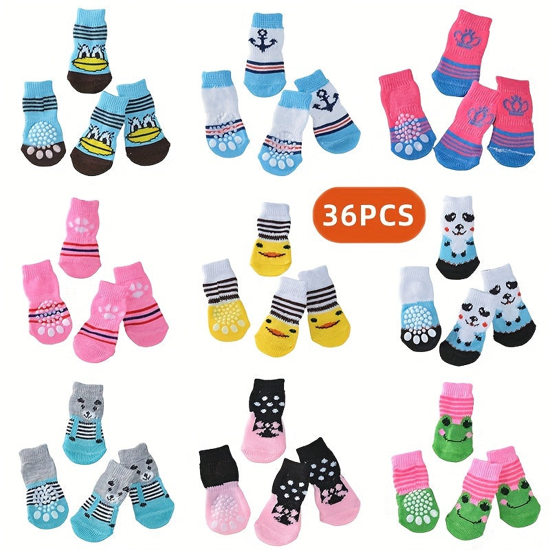 طقم جوارب للكلاب والأرانب مكون من 36 قطعة، تتضمن تسع أزواج من الجوارب التي تحمي الأقدام من الأوساخ والانزلاق، وتوفّر الدفء والراحة، مع تصميم كرتوني لطيف مناسب للكلاب الصغيرة والقطط.