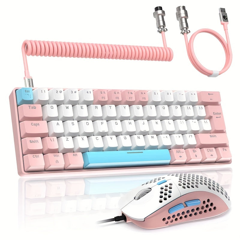 LexonElec T60PRO 60% لوحة مفاتيح وماوس ميكانيكية مدمجة للألعاب مع كابل USB-C ملفوف، لوحة مفاتيح بإضاءة خلفية RGB LED (مفاتيح زرقاء)، ماوس RGB قابل للبرمجة بدقة 6400 نقطة في البوصة، واجهة Type-C مضادة للخنق للاعبين على أجهزة PC & Mac