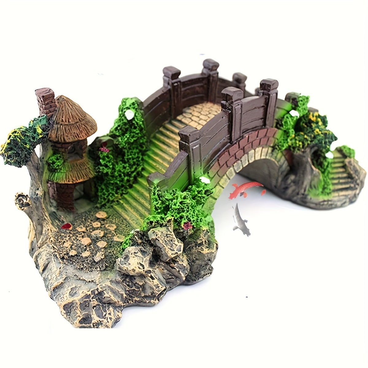 1 قطعة جسر زخرفي بألوان عشوائية لحوض السمك - زينة حوض السمك من الراتينج مع بيت مخبأ ومنصة استلقاء السلاحف، إكسسوارات حوض السلاحف