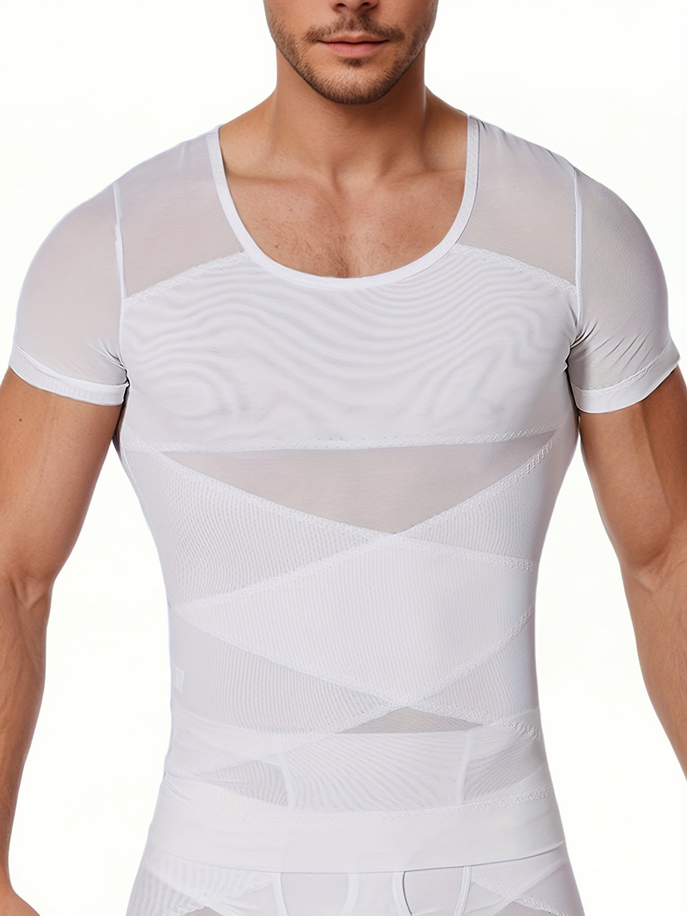 تي شيرت للرجال مع تحكم في البطن وتضييق الخصر، قمة تنحيف الصدر من شبكة تنفس، أكمام قصيرة، تصميم غير مرئي تحت الصدر في اللون الأسود - ملابس تنحيف|قمصان تنحيف|ملمس لامع