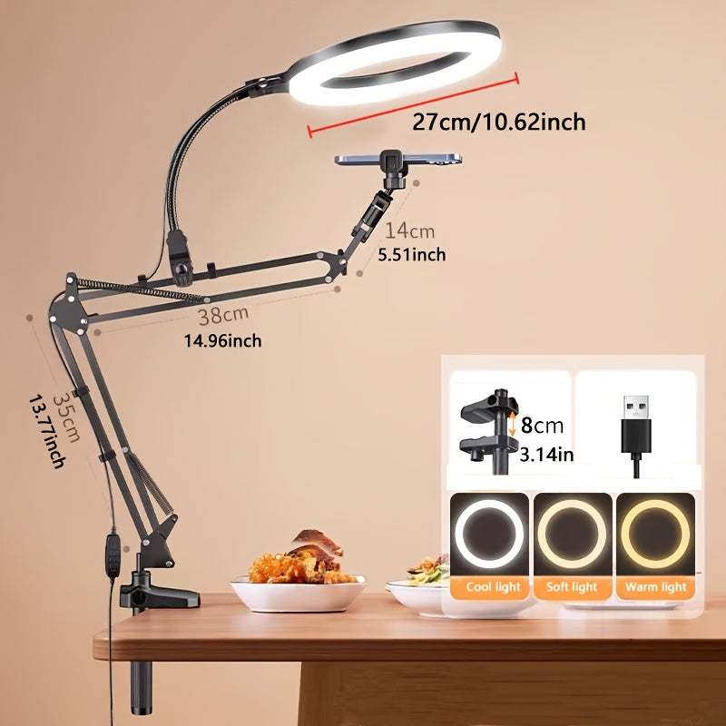 حامل هاتف كاميرا معلق محسّن، حامل هاتف بحلقة إضاءة للتسجيل، قاعدة تعليق مرنة لسطح المكتب للطهي/التصوير الفوتوغرافي/المكياج/العناية بالأظافر/البث المباشر/اجتماعات زوم
