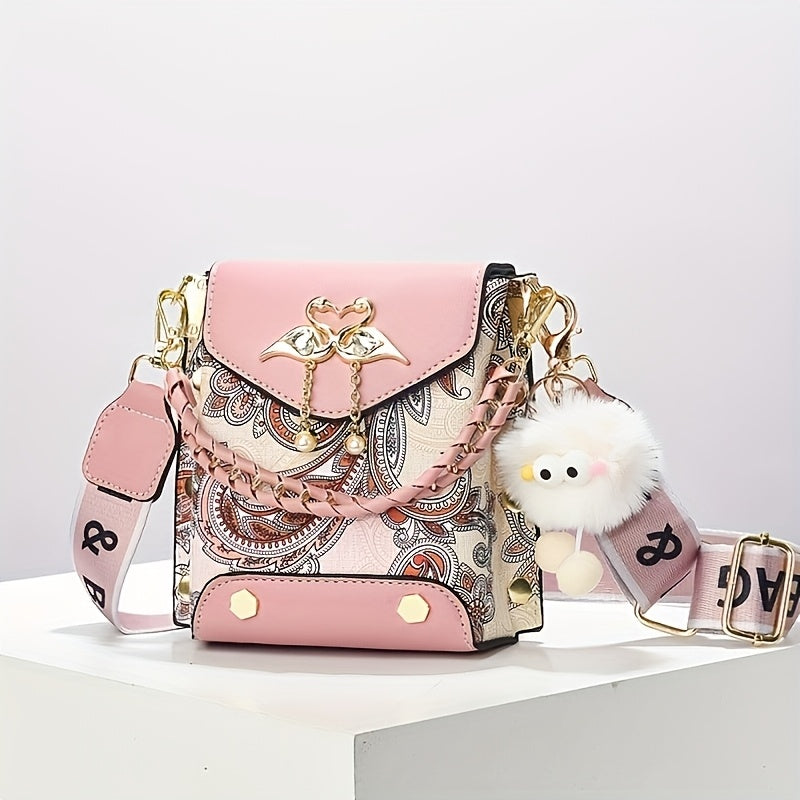 حقيبة هاتف نسائية مطرزة بتصميم باسلي مزدوج اللون، حقيبة كتف متعددة الاستخدامات مع إغلاق مغناطيسي، تصميم وردي وأسود، مثالية للتنقل اليومي، حقيبة هاتف