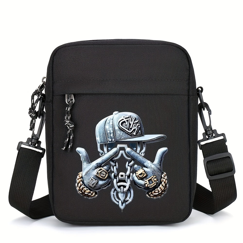 حقيبة كروس بتصميم جمجمة وقبعة بيسبول للرجال - مصنوعة من قماش أكسفورد، حزام قابل للتعديل، صغيرة ومريحة للتنقل اليومي، باللون الأسود مع لمسات فضية، حقيبة كروس بتصميم جمجمة