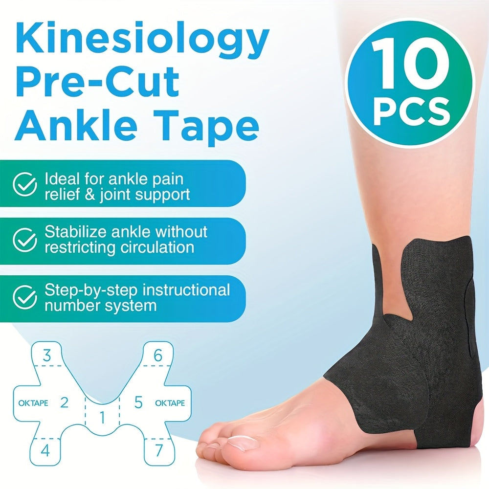 حزمة من 10 شريط دعم الكاحل المرن للكينيسيولوجيا - شريط رياضي قابل للتنفس لمنع الالتواء وتعافي الإصابات، بني/أزرق/أسود، ملائمة آمنة للجري وكرة السلة وتمارين الجيم، مادة مرنة، رباط كاحل للجيم