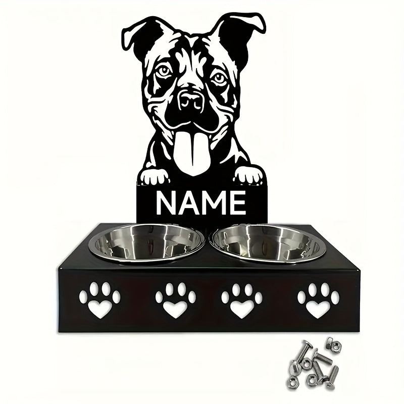 رف وعاء الكلب القابل للتخصيص مع 2 وعاء من الفولاذ المقاوم للصدأ - محطة تغذية كلاب شخصية، تصميم أسود متين ببصمات الأقدام، يشمل مجموعة البراغي لتجميع سهل، هدية مثالية لمحبي الكلاب