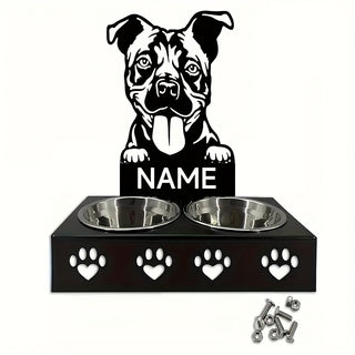 رف وعاء الكلب القابل للتخصيص مع 2 وعاء من الفولاذ المقاوم للصدأ - محطة تغذية كلاب شخصية، تصميم أسود متين ببصمات الأقدام، يشمل مجموعة البراغي لتجميع سهل، هدية مثالية لمحبي الكلاب