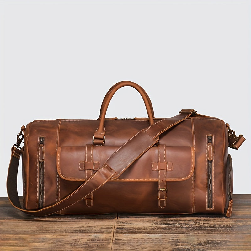 حقيبة يد من جلد البقر بطبقة علوية للرجال، حقيبة سفر جلدية نمط قديمة من كريزي هورس، حقيبة لياقة كروس، حقيبة أمتعة سفر ذات سعة كبيرة، عيد الميلاد، الهالوين، هدية عيد الشكر