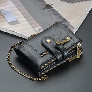 محفظة رجالية بأسلوب الشارع من الجلد الصناعي | متعددة الألوان مع قطع معدنية بلون ذهبي | سحابات مزدوجة وإغلاق بالضغط | حزام سلسلة | سعة كبيرة للبطاقات والعملات المعدنية | لمسات معدنية متينة، محفظة يومية للرجال | محفظة بأسلوب الشارع | محفظة بسحاب متينة، محفظ