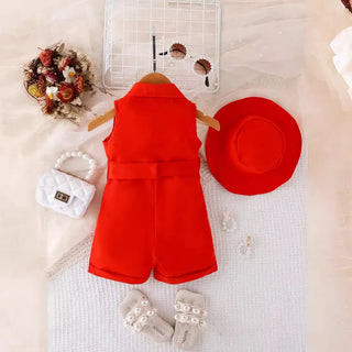 2024 صيف boutique infant بنات clothing بدون أكمام solid color lapel v neck belt bodysuit hat 2pcs baby جمبسوت