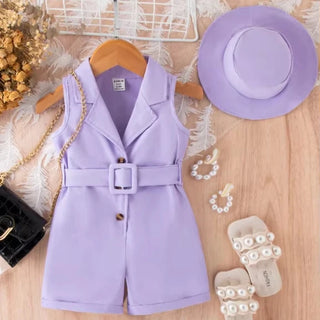 2024 صيف boutique infant بنات clothing بدون أكمام solid color lapel v neck belt bodysuit hat 2pcs baby جمبسوت
