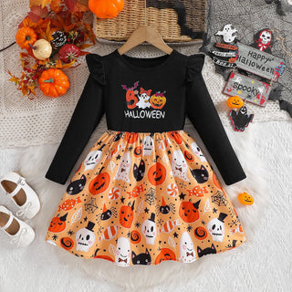 موضة 2025 خريف بنات' fashion foreign ستايل فستان كم كشكش bow stitching أكمام طويلة children's فستان