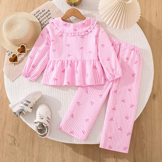 موضة 2025 خريف جديد طقم for female children cute striped bow printed أكمام طويلة jacket pants two pieces