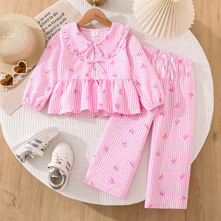 موضة 2025 خريف جديد طقم for female children cute striped bow printed أكمام طويلة jacket pants two pieces