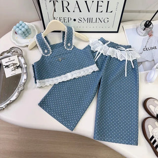 موضة 2025 خريف جديد wave point دينم three-piece طقم cute كاجوال female fashion بدلة solid pattern cross-border children's clothing