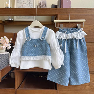موضة 2025 خريف جديد wave point دينم three-piece طقم cute كاجوال female fashion بدلة solid pattern cross-border children's clothing