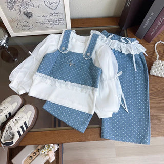 موضة 2025 خريف جديد wave point دينم three-piece طقم cute كاجوال female fashion بدلة solid pattern cross-border children's clothing
