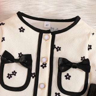 موضة 2025 خريف/شتاء جديد بنت sweet طقم black small flower printed توب+solid color yarn جيب 2-piece طقم