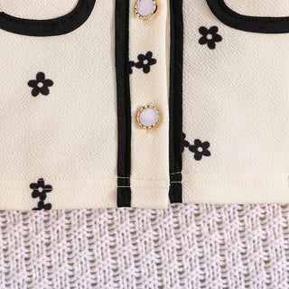 موضة 2025 خريف/شتاء جديد بنت sweet طقم black small flower printed توب+solid color yarn جيب 2-piece طقم
