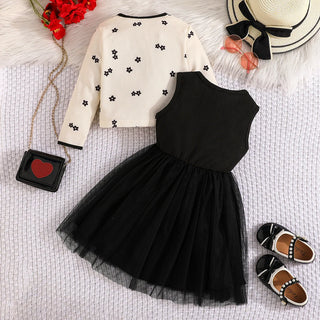 موضة 2025 خريف/شتاء جديد بنت sweet طقم black small flower printed توب+solid color yarn جيب 2-piece طقم