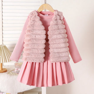موضة 2025 خريف/شتاء جديد بنات' طقم: بنات' pink hairy فيست+bottom shirt+بليسيه قصير جيب 3-piece طقم