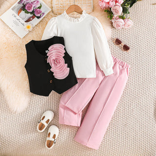 موضة 2025 خريف and شتاء جديد بنات' sweet and elegant طقم pure white أكمام طويلةd فيست loose pants three piece طقم