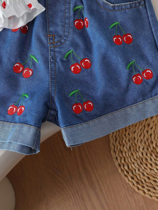 موضة 2025 children's clothing cherry fruit strapless off-shoulder توب elastic shorts بنات clothing sets صيف أطفال clothes بنات