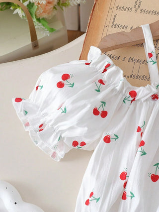 موضة 2025 children's clothing cherry fruit strapless off-shoulder توب elastic shorts بنات clothing sets صيف أطفال clothes بنات
